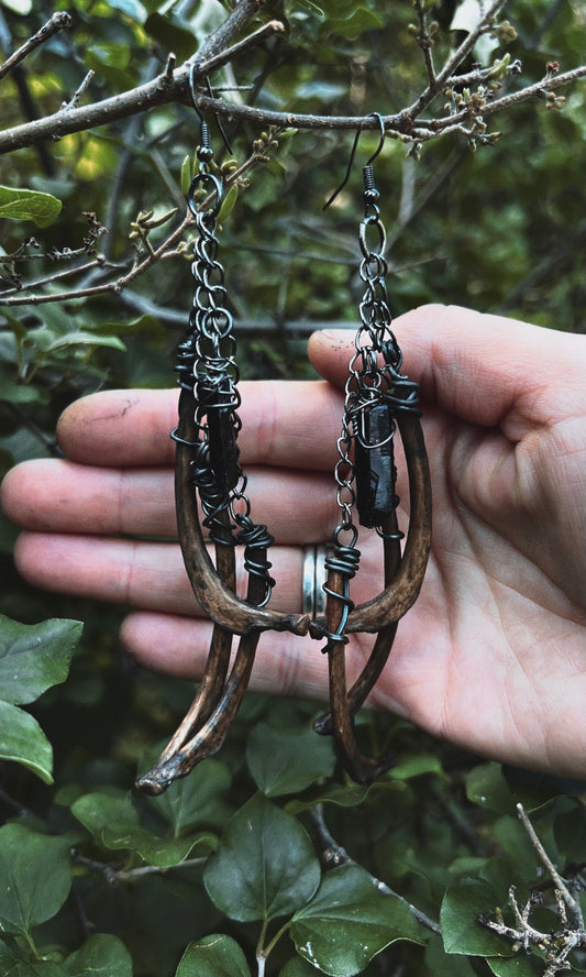 OOAK TEA DYED RIB BONE & BLACK QUARTZ EARRINGS