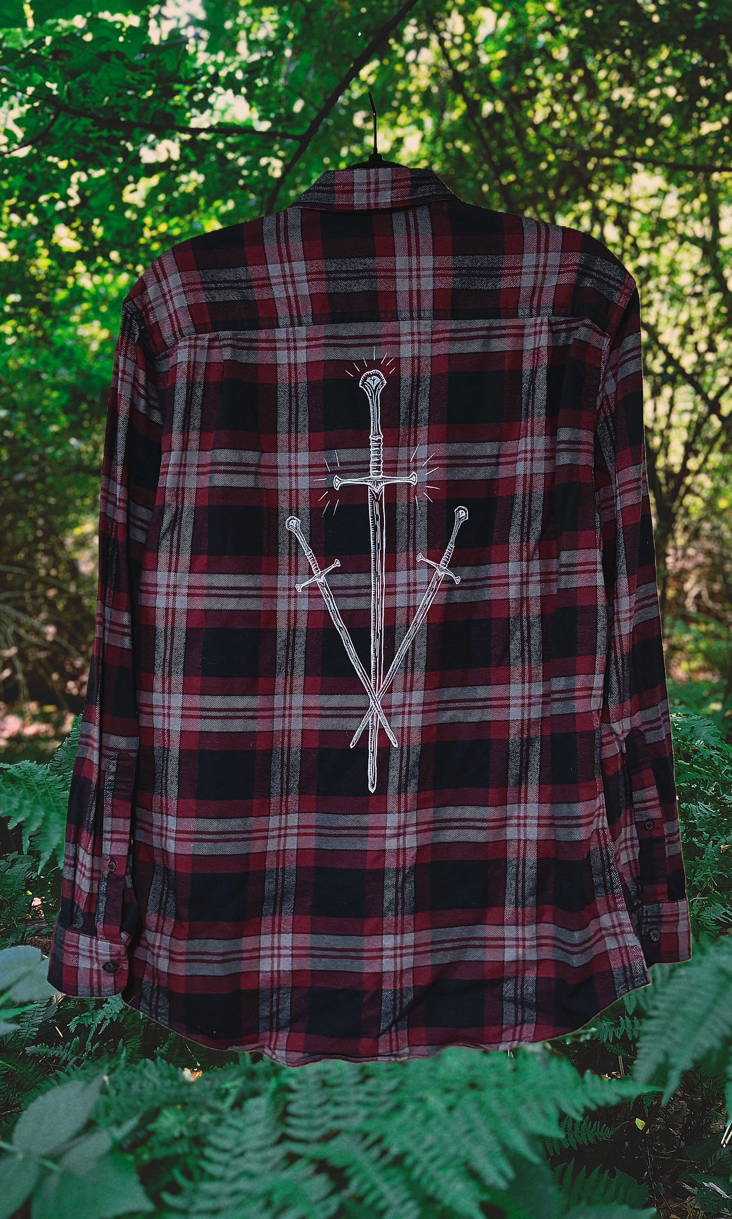 OOAK - L - MEN'S/UNISEX MAROON SWORDS FLANNEL