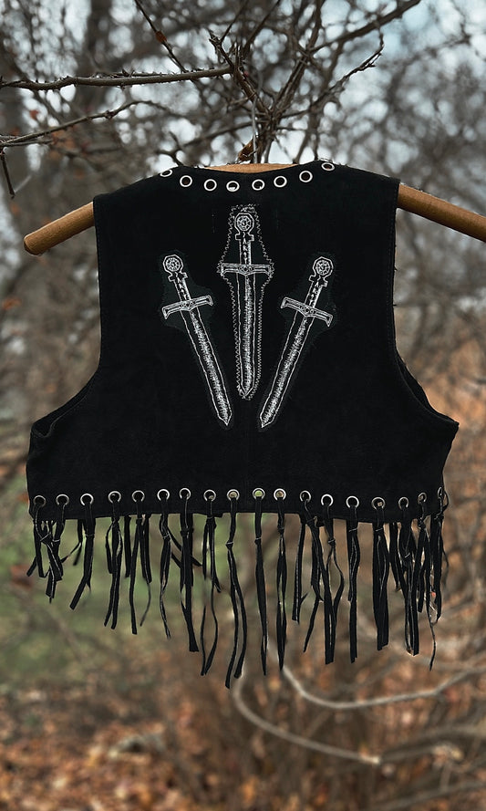 OOAK XS BLACK LEATHER FRINGE SWORD VEST