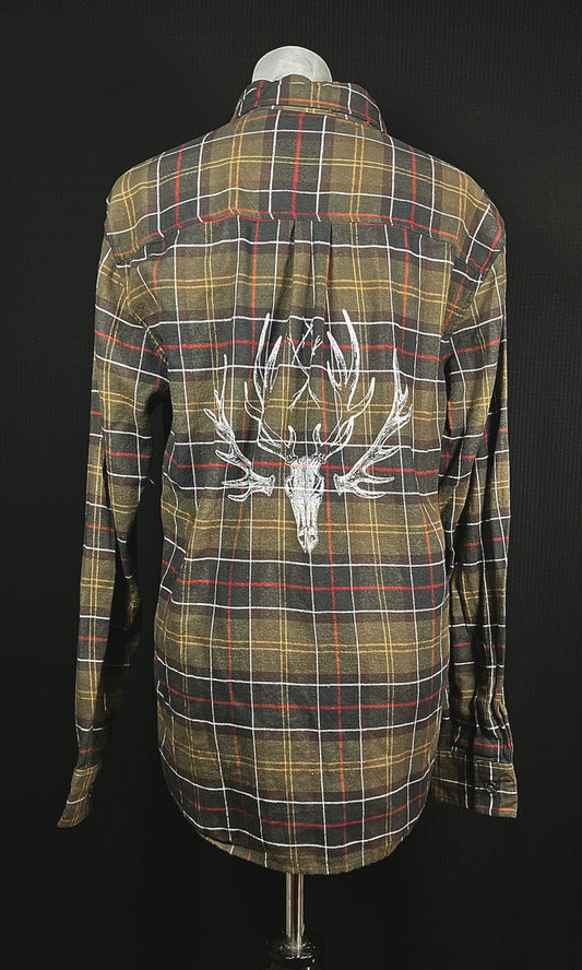 OOAK L UNISEX ELK SKULL OLIVE FLANNEL