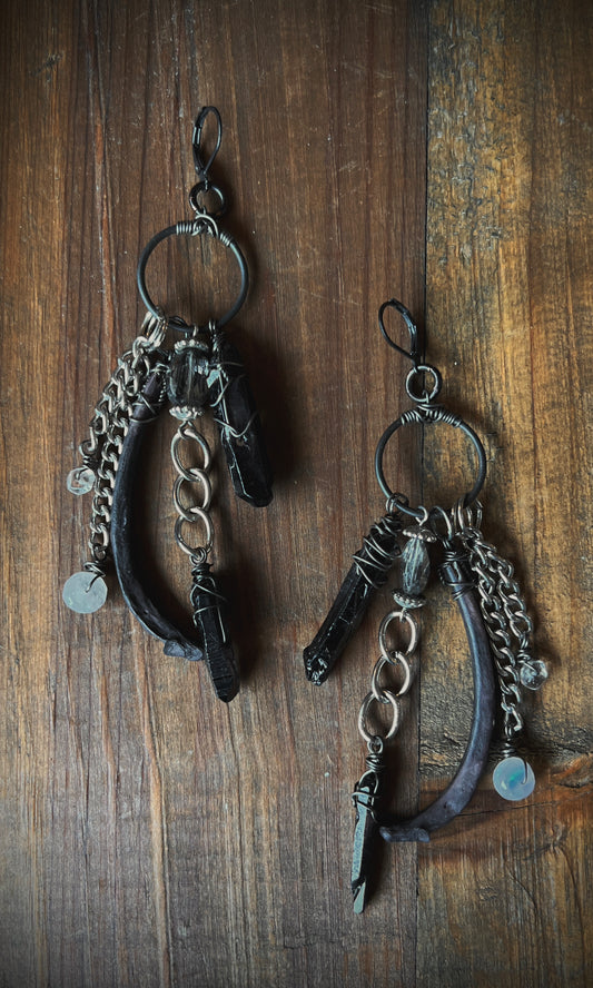 OOAK RIB BLACK QUARTZ + MOONSTONE EARRINGS