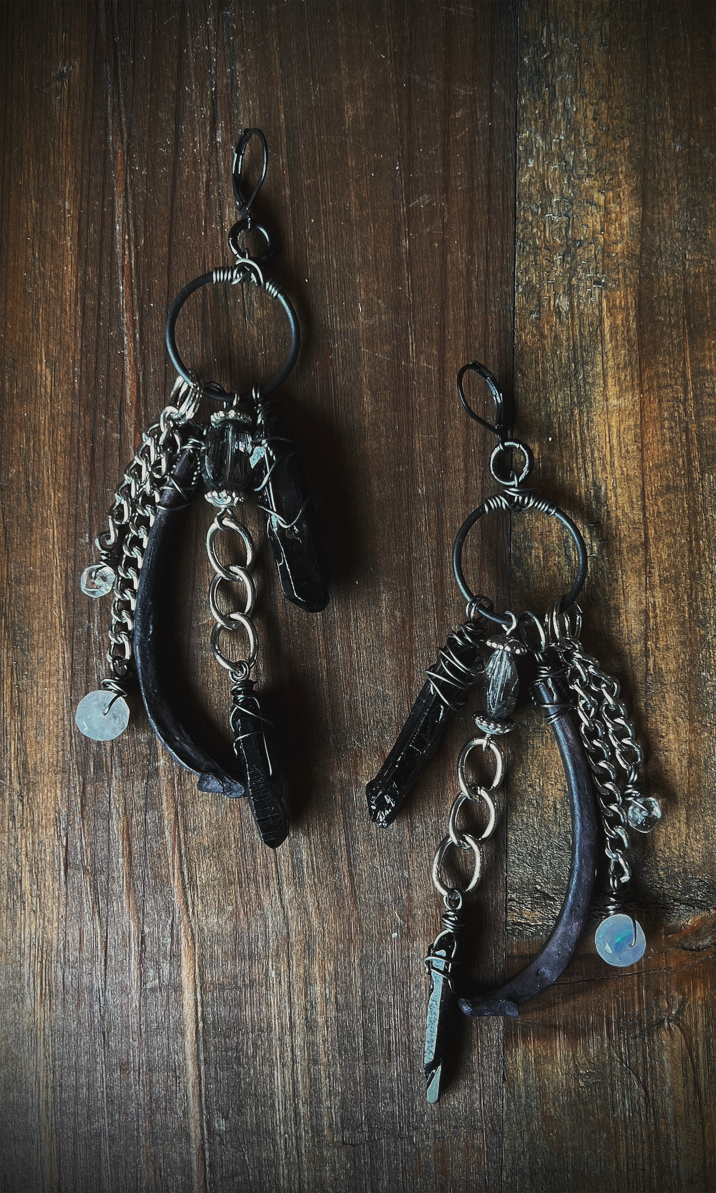 OOAK RIB BLACK QUARTZ + MOONSTONE EARRINGS