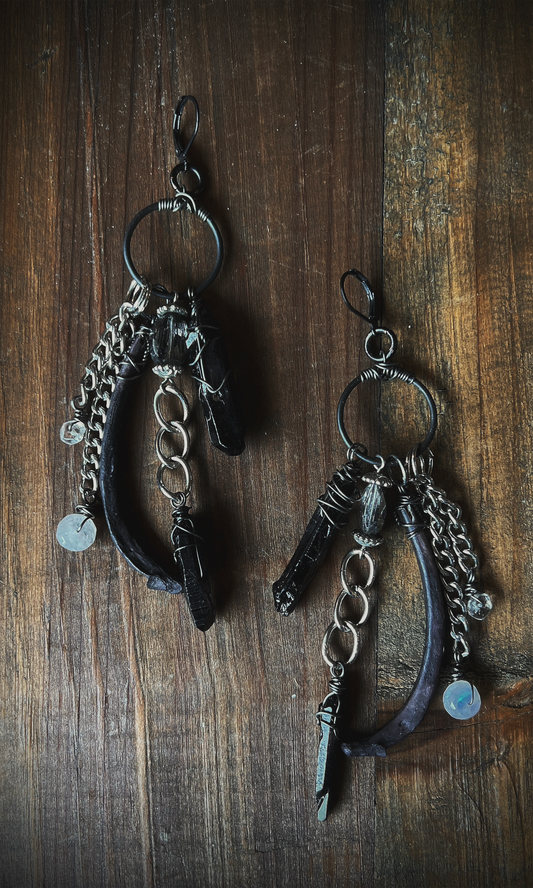 OOAK RIB BLACK QUARTZ + MOONSTONE EARRINGS