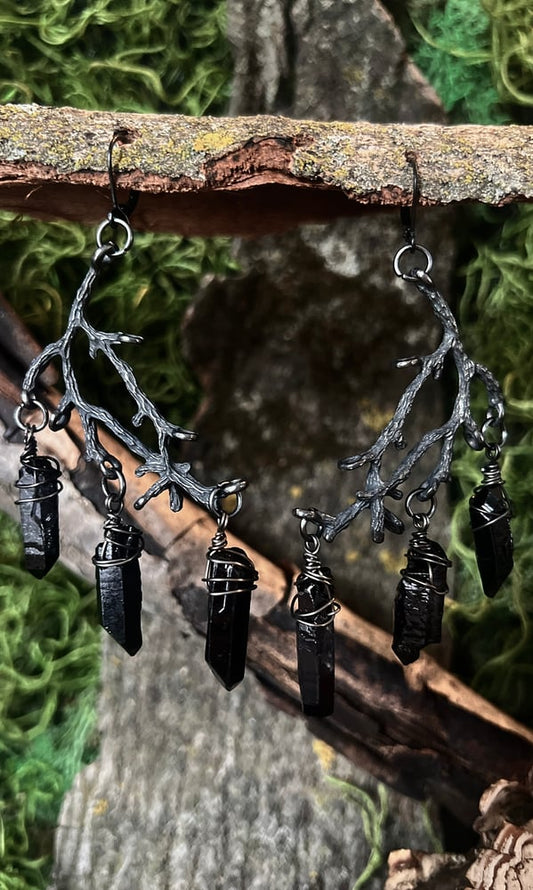 OXIDIZED BLACK CRYSTAL BRANCH EARRINGS