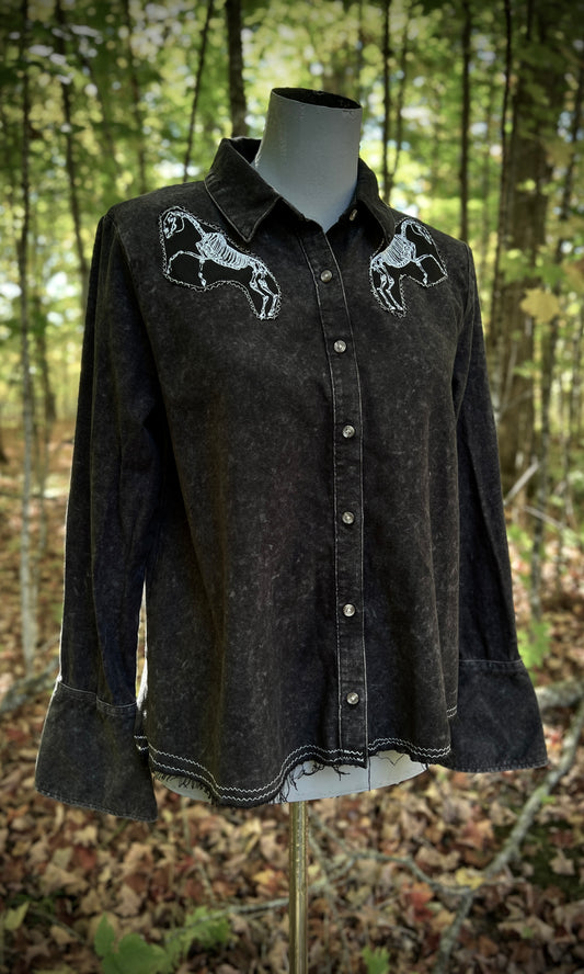 OOAK M HORSE SKELETON MINERAL WASH BUTTON UP
