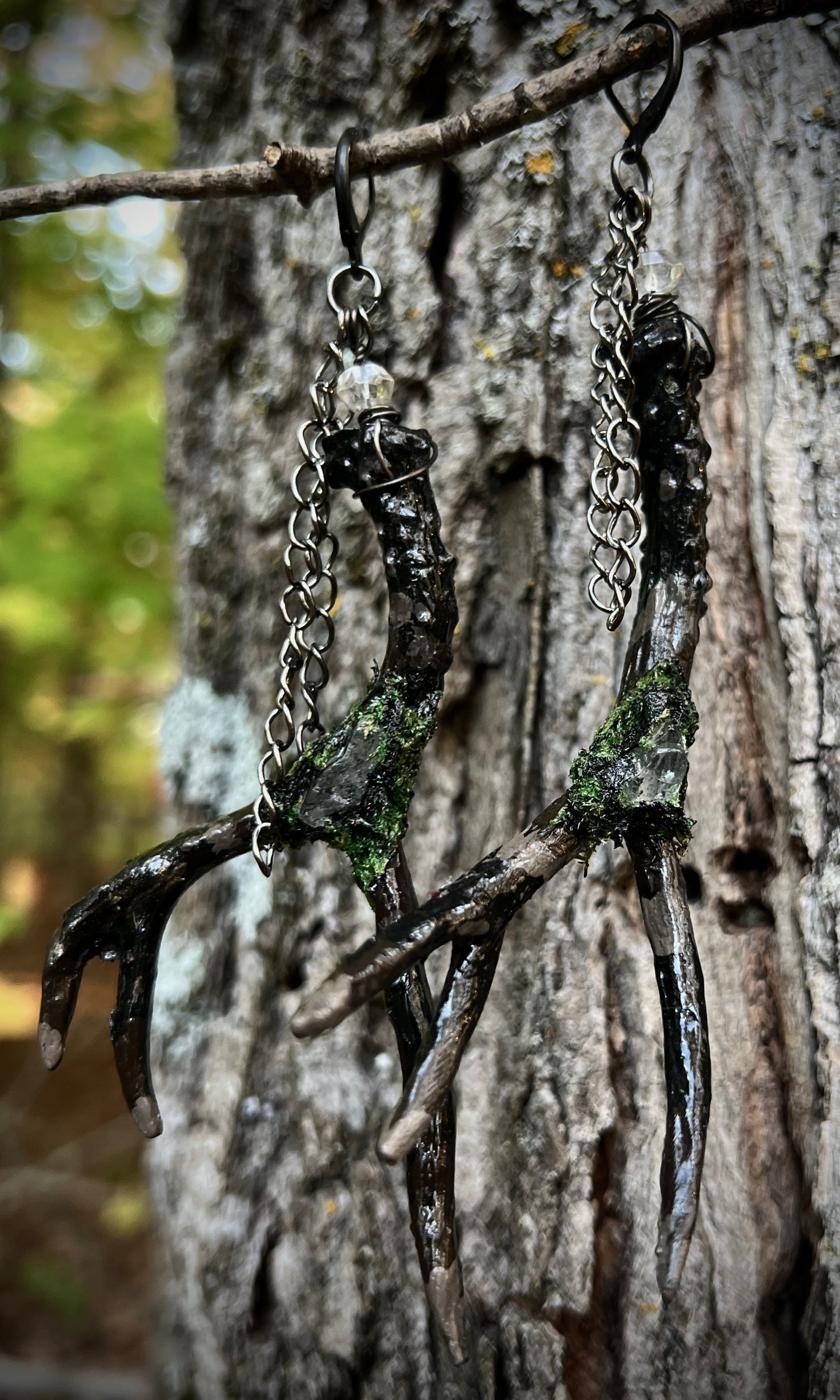 OOAK HAND PAINTED MOSSY HERKIMER ANTLER EARRINGS