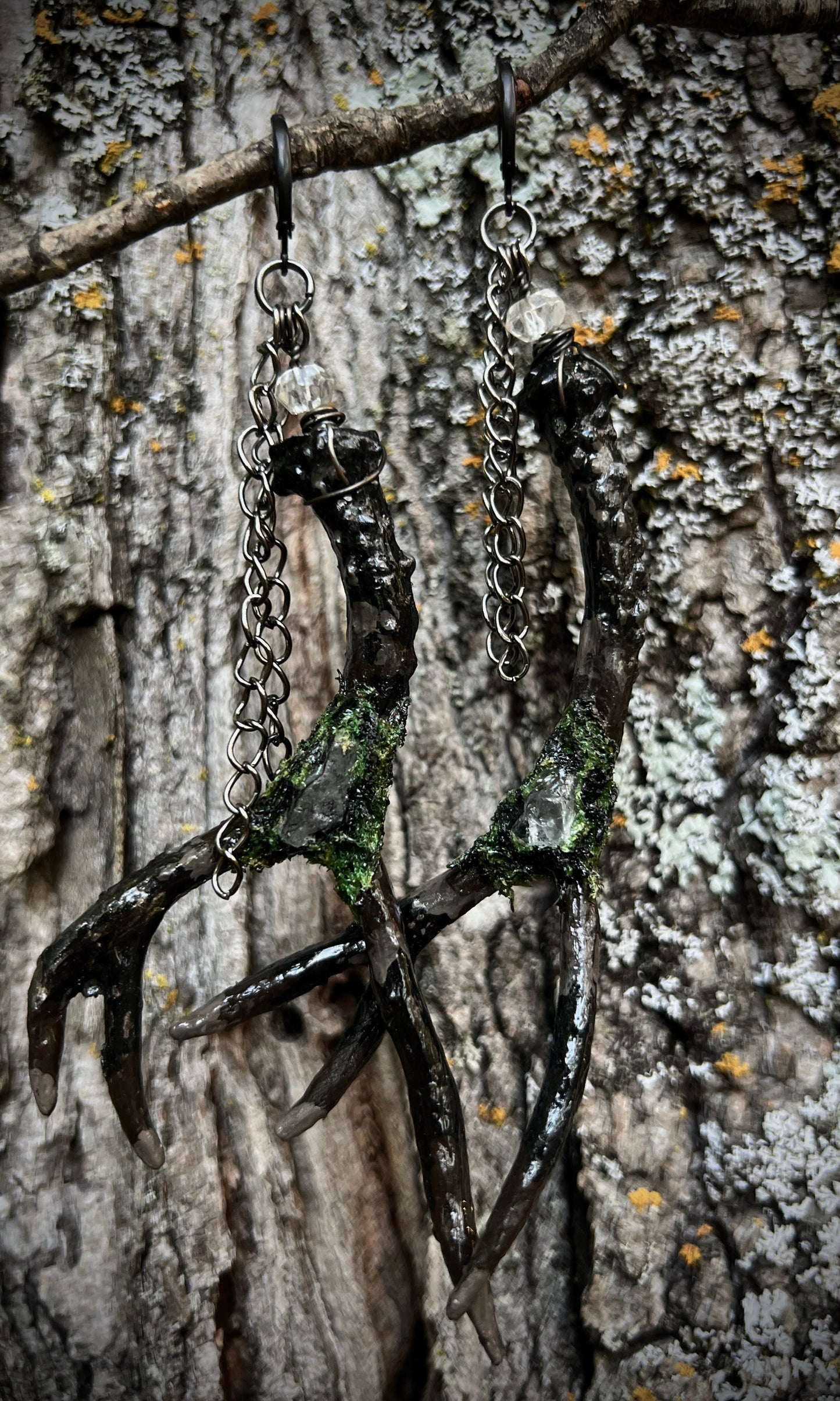 OOAK HAND PAINTED MOSSY HERKIMER ANTLER EARRINGS