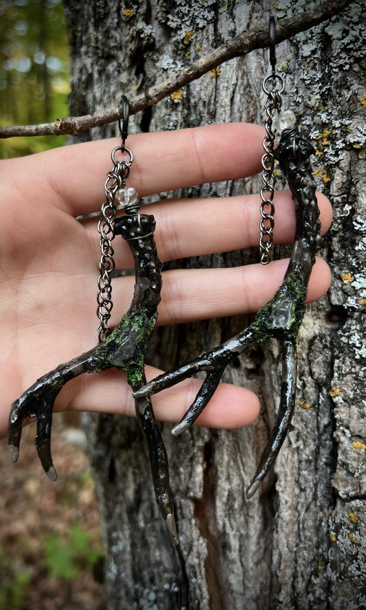 OOAK HAND PAINTED MOSSY HERKIMER ANTLER EARRINGS