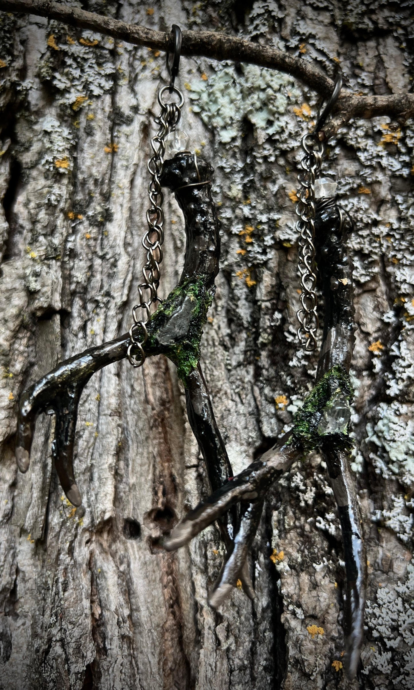 OOAK HAND PAINTED MOSSY HERKIMER ANTLER EARRINGS