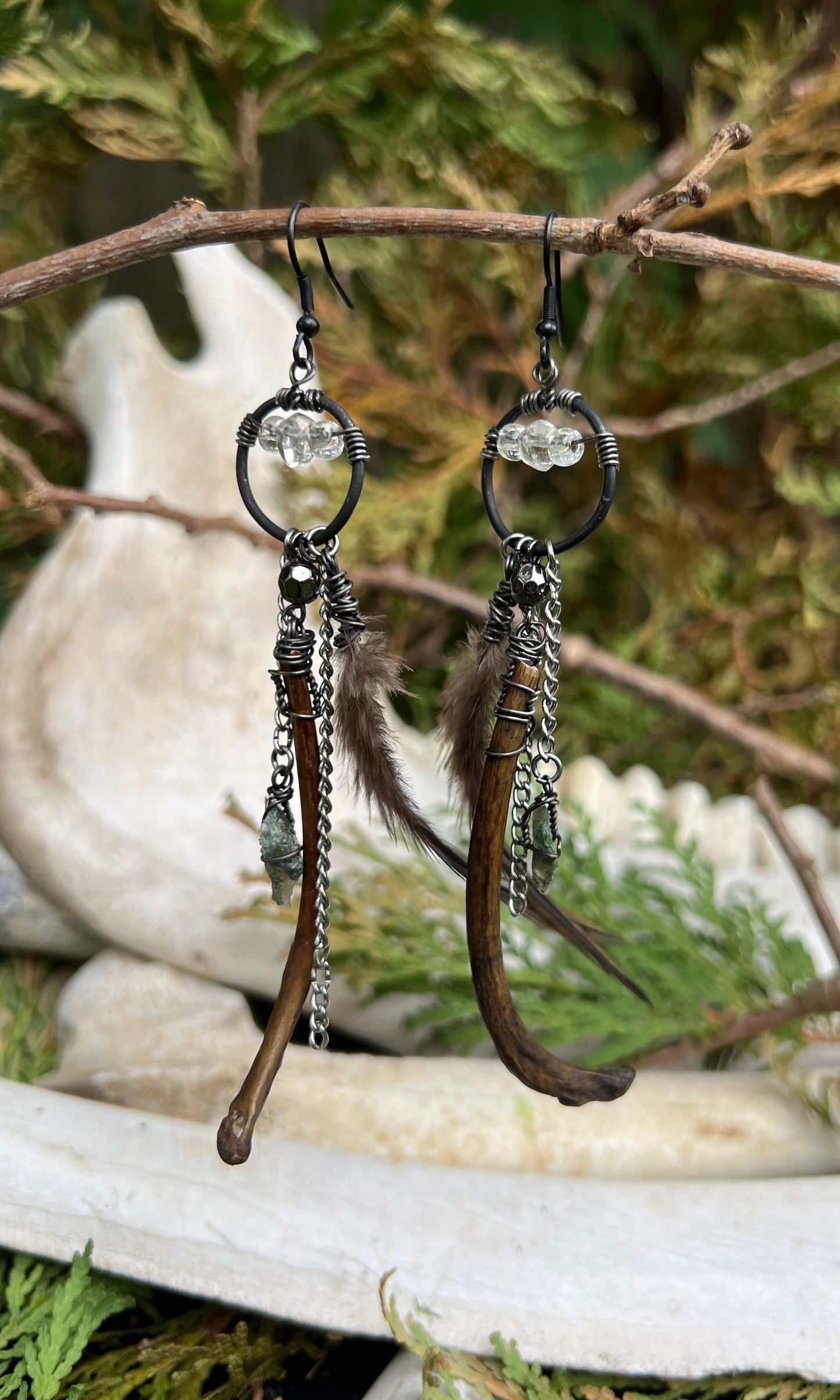 OOAK MOSS AGATE QUARTZ RIBCAGE FEATHER EARRINGS
