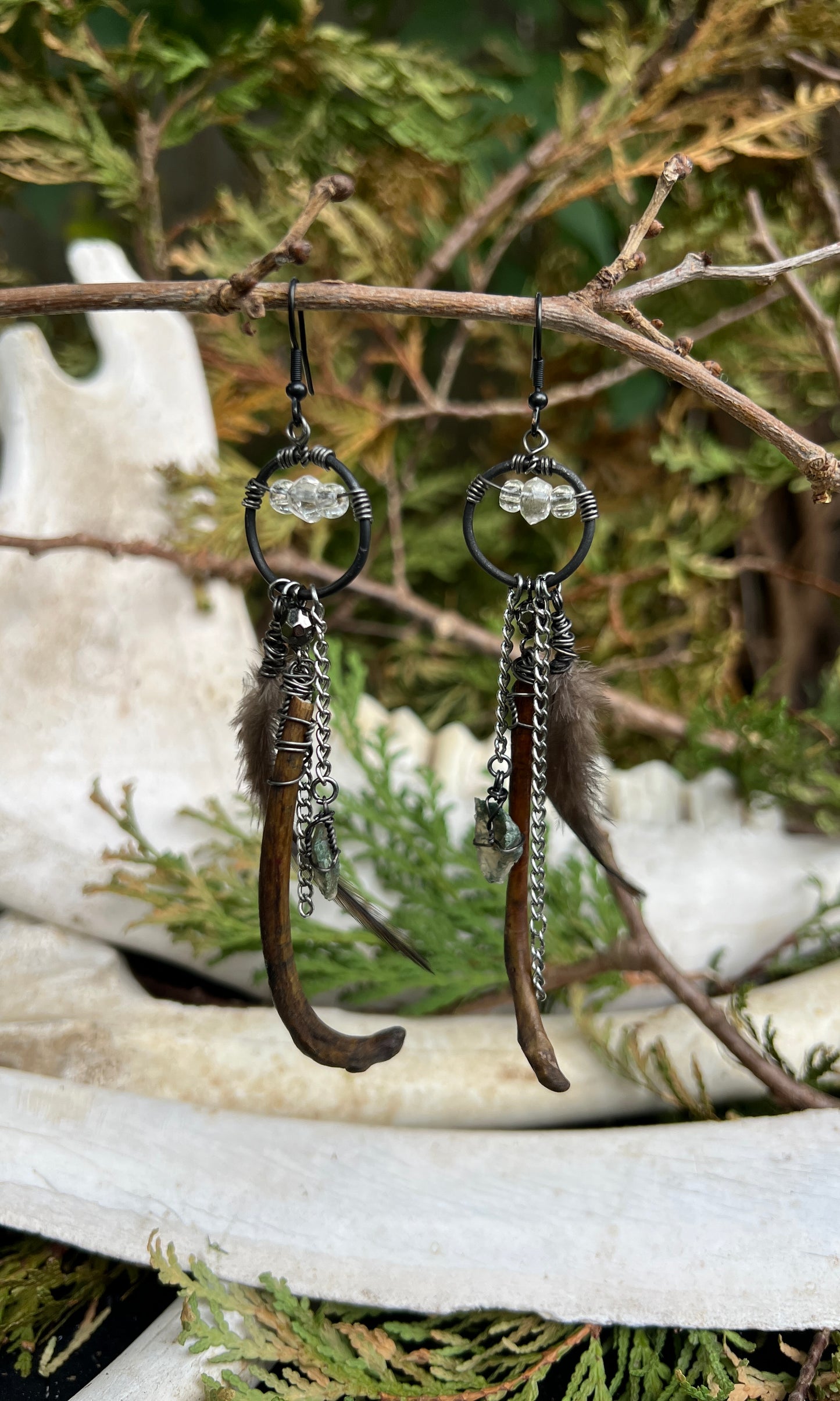 OOAK MOSS AGATE QUARTZ RIBCAGE FEATHER EARRINGS