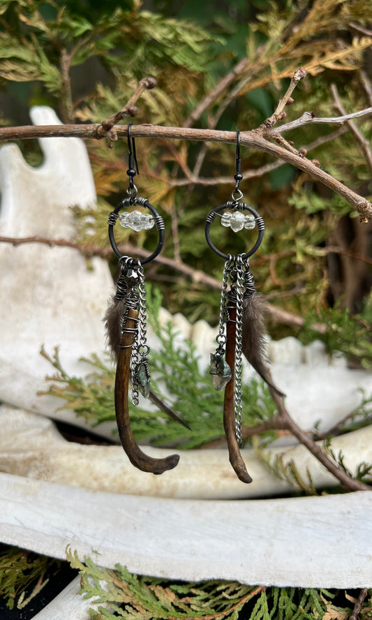 OOAK MOSS AGATE QUARTZ RIBCAGE FEATHER EARRINGS