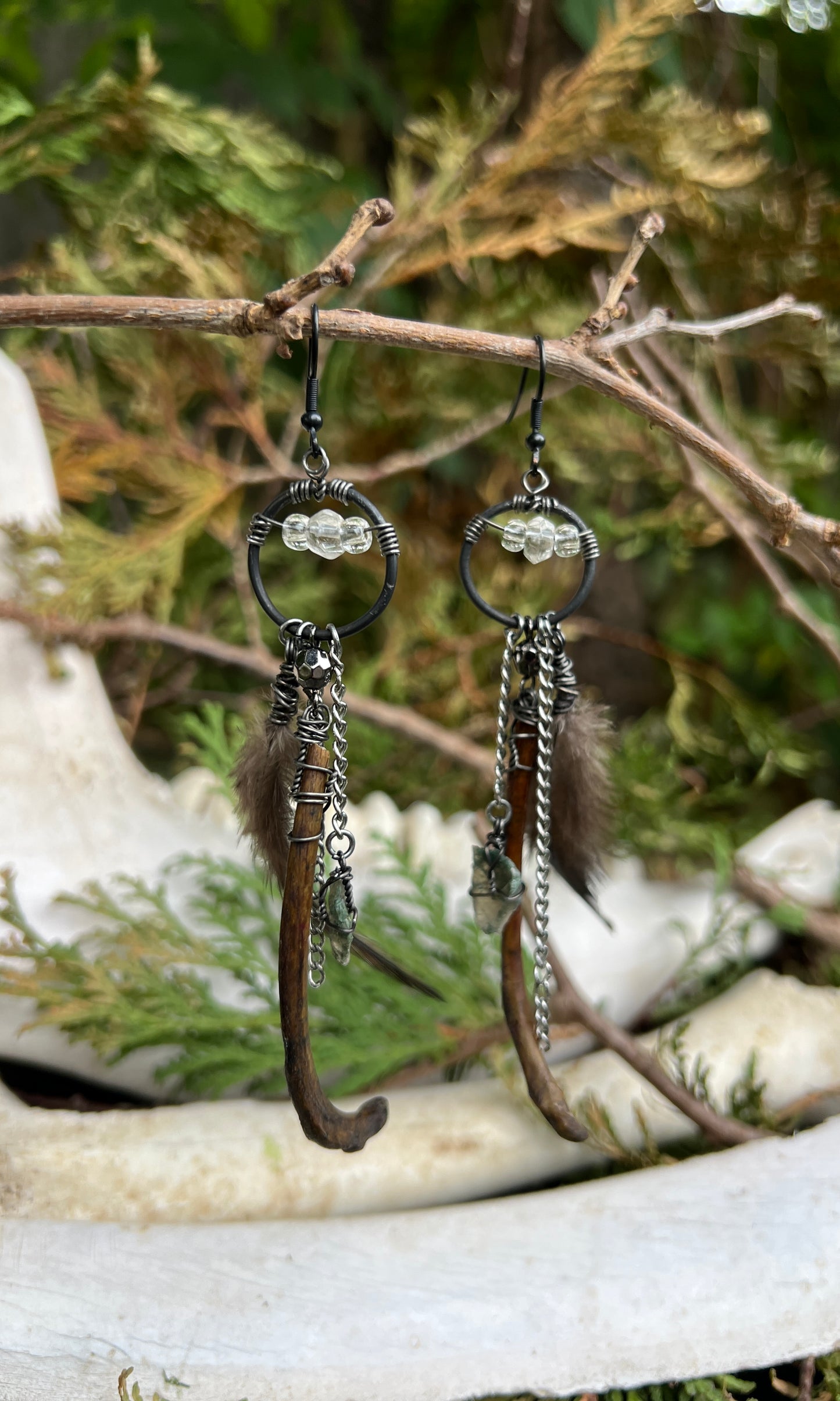 OOAK MOSS AGATE QUARTZ RIBCAGE FEATHER EARRINGS
