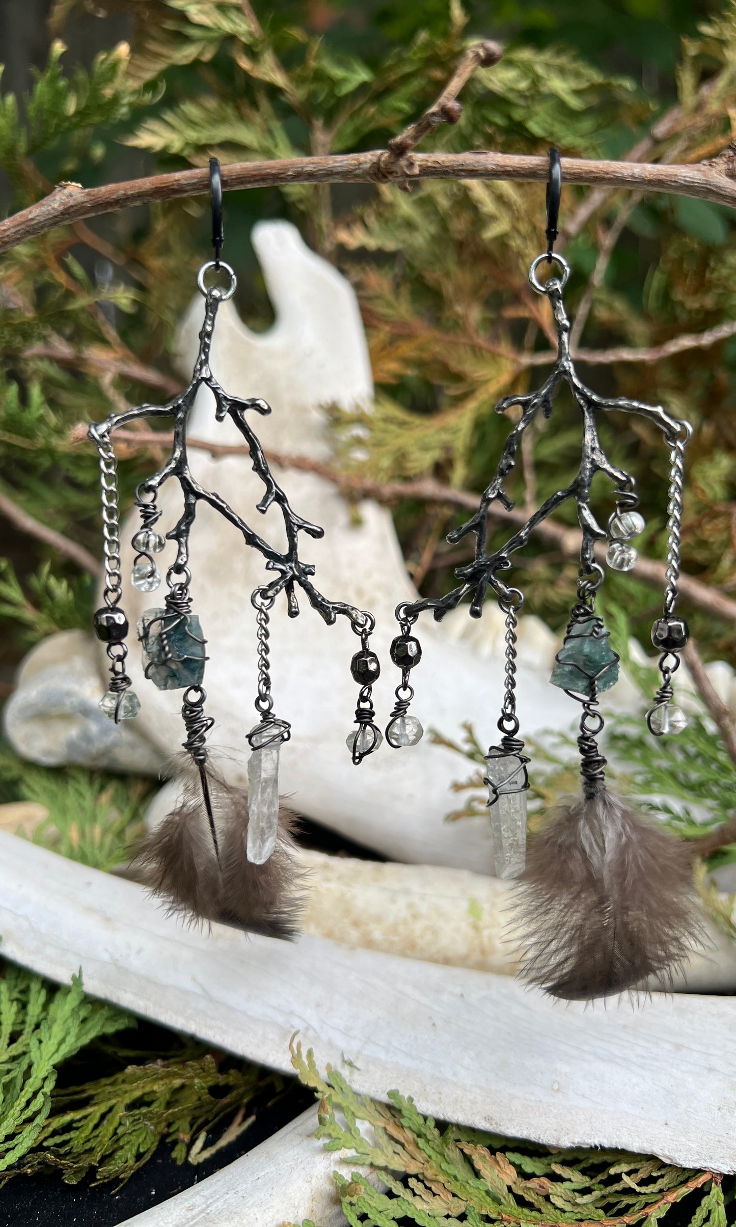 OOAK MOSS AGATE FEATHER BRANCH EARRINGS