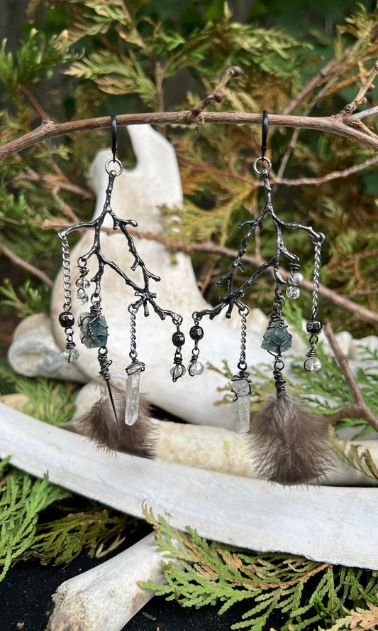 OOAK MOSS AGATE FEATHER BRANCH EARRINGS