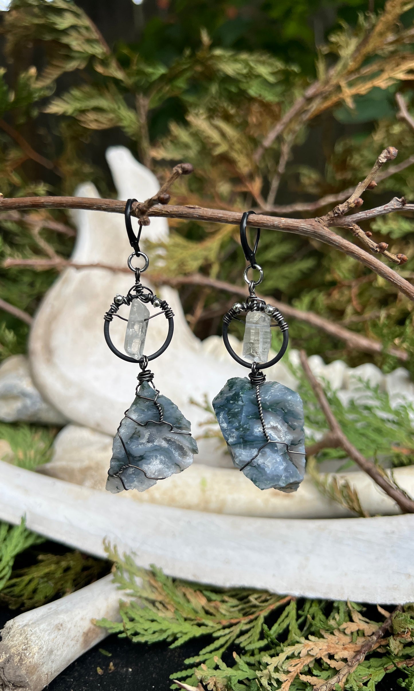 OOAK MOSS AGATE AND QUARTZ EARRINGS