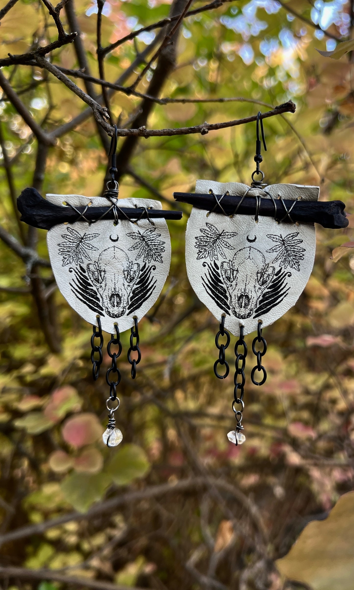 OOAK ETCHED LEATHER BONE AND QUARTZ EARRINGS