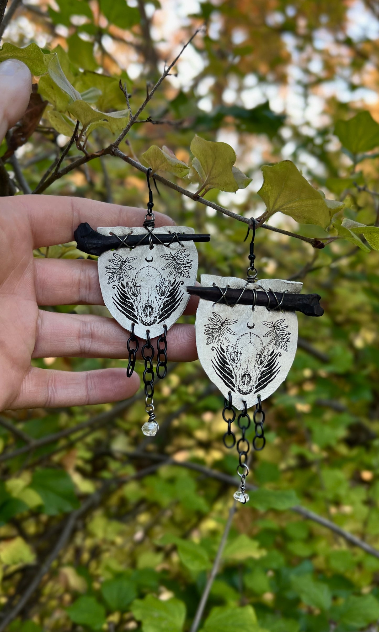 OOAK ETCHED LEATHER BONE AND QUARTZ EARRINGS