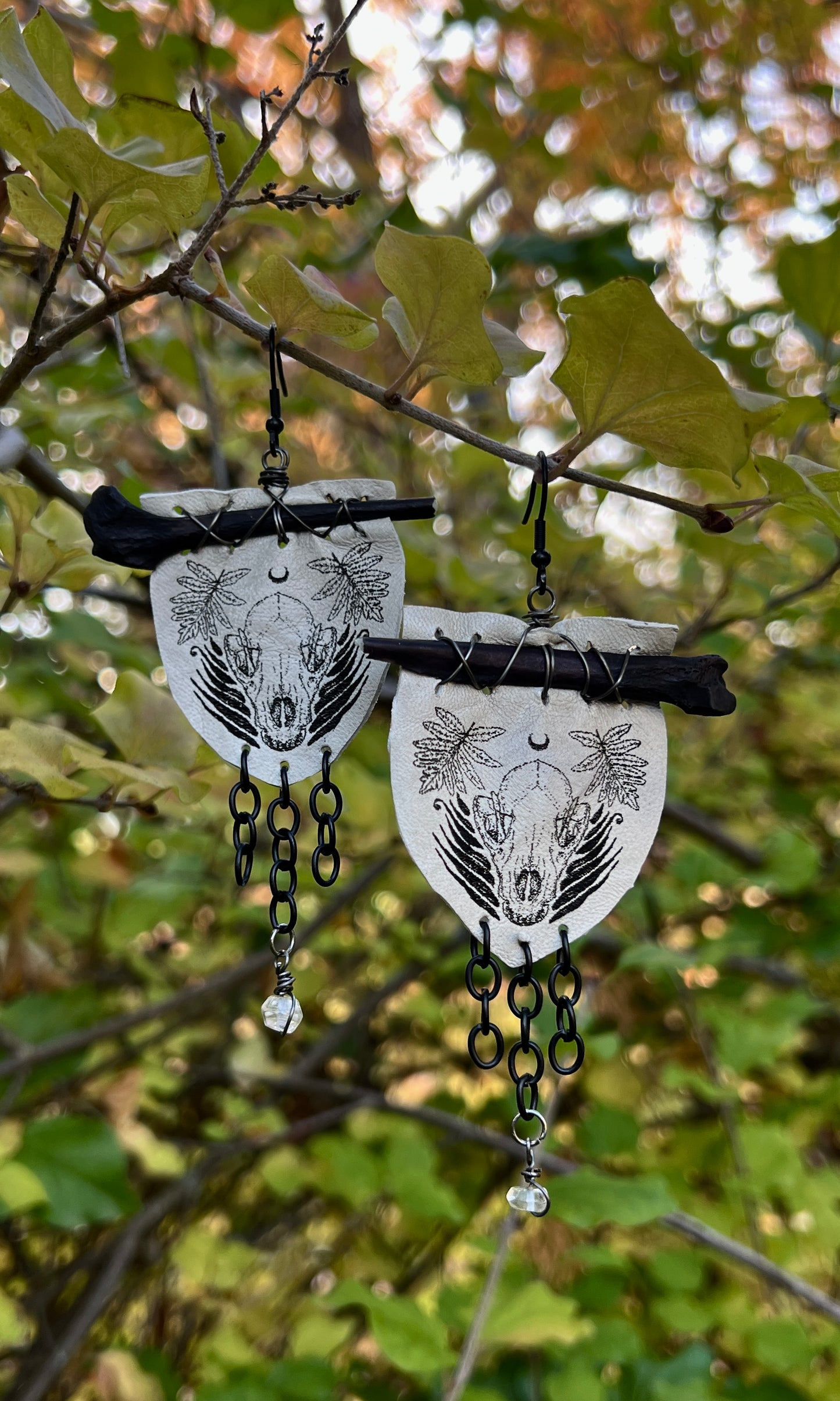 OOAK ETCHED LEATHER BONE AND QUARTZ EARRINGS