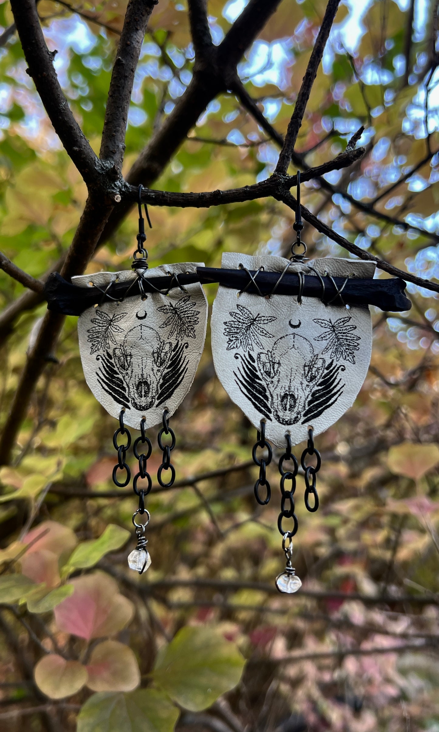OOAK ETCHED LEATHER BONE AND QUARTZ EARRINGS