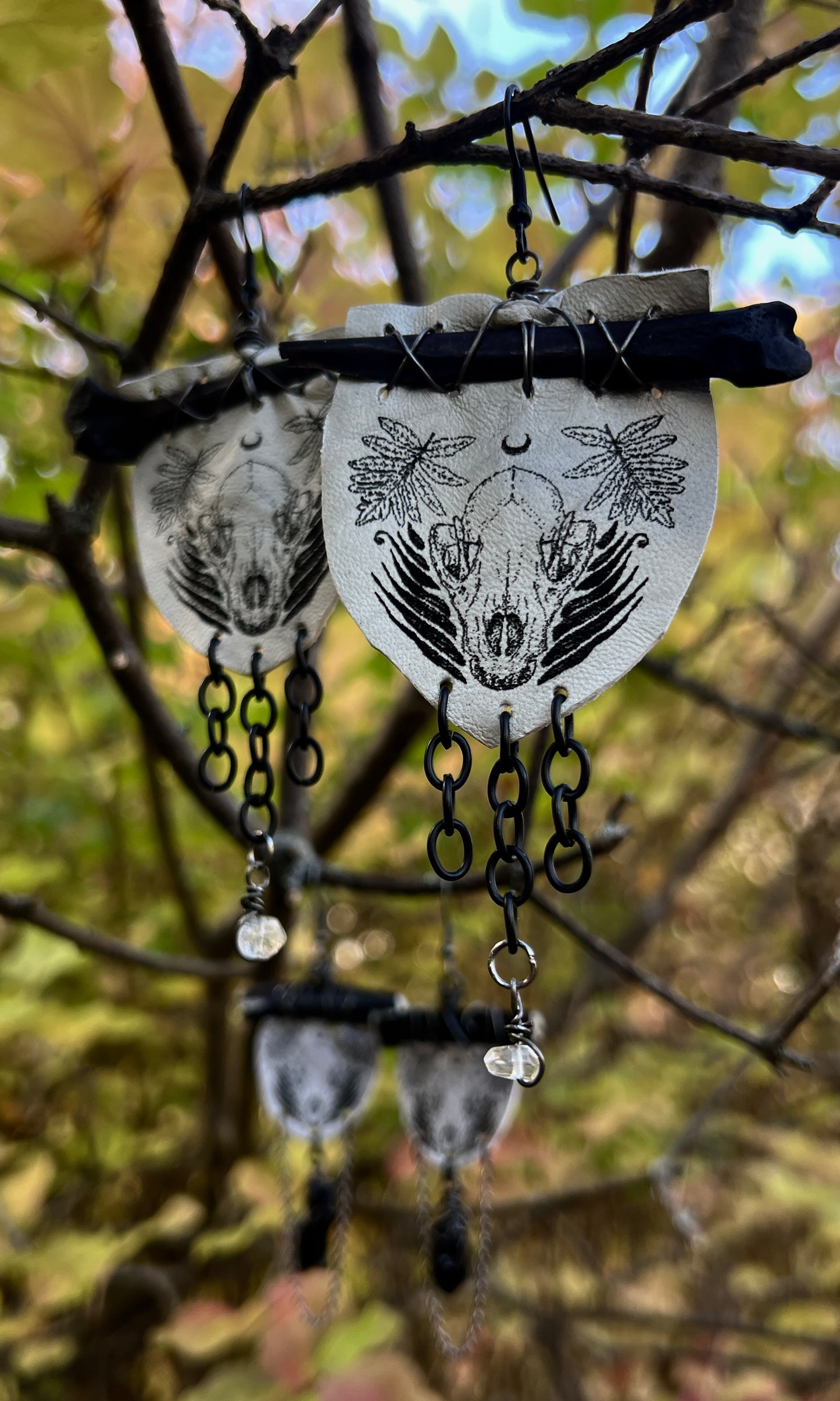 OOAK ETCHED LEATHER BONE AND QUARTZ EARRINGS