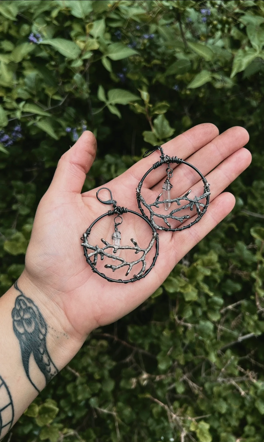 OOAK QUARTZ BRANCH HOOP EARRINGS